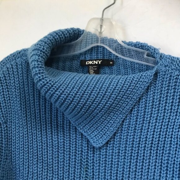 DKNY Chucky Wool Ribbed Knit Sweater Side Mock Neck Soft Cozy Oversized Blue M - Picture 3 of 15